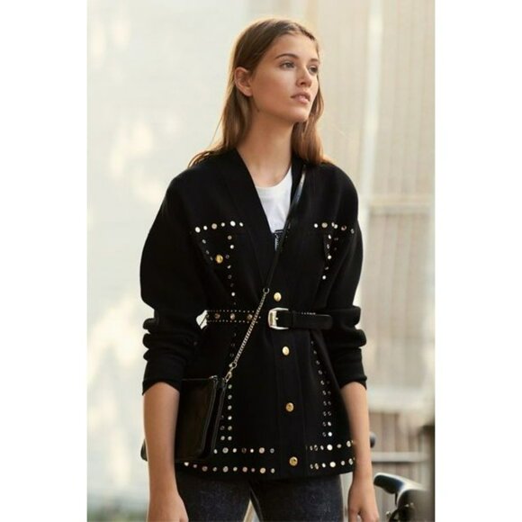 Sandro Paris Bamo Studded Sweater Black Gold Mirrored Embellished Oversized - Picture 1 of 15